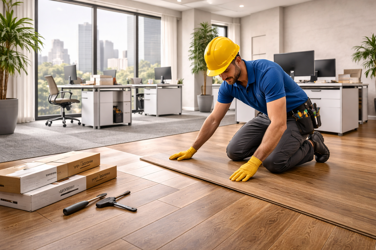 service-1 Profissional instalando piso vinílico em escritório moderno, serviço especializado para empresas e espaços comerciais em São Paulo