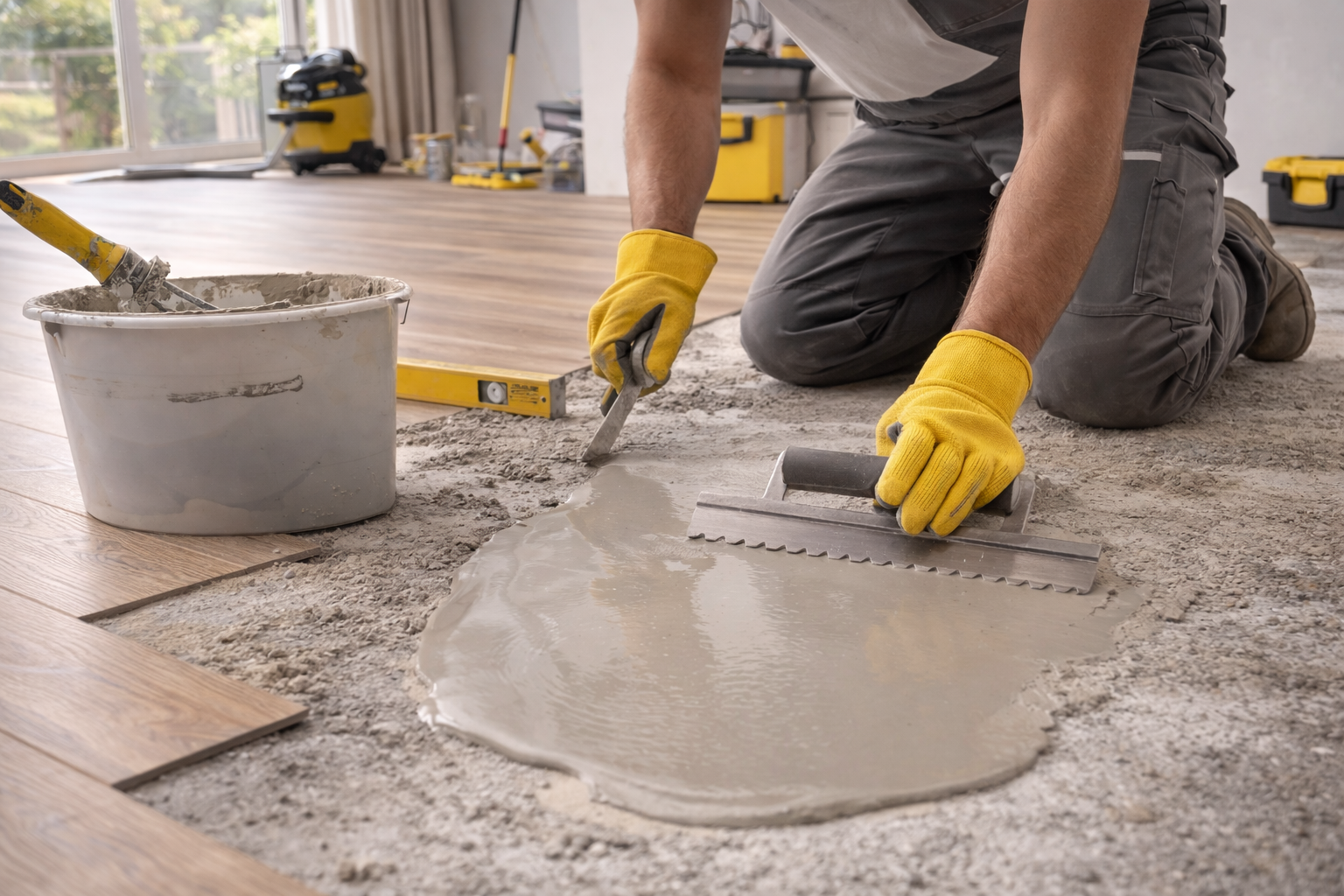 service-1 Profissional realizando nivelamento de contrapiso para instalação de piso vinílico em ambiente residencial