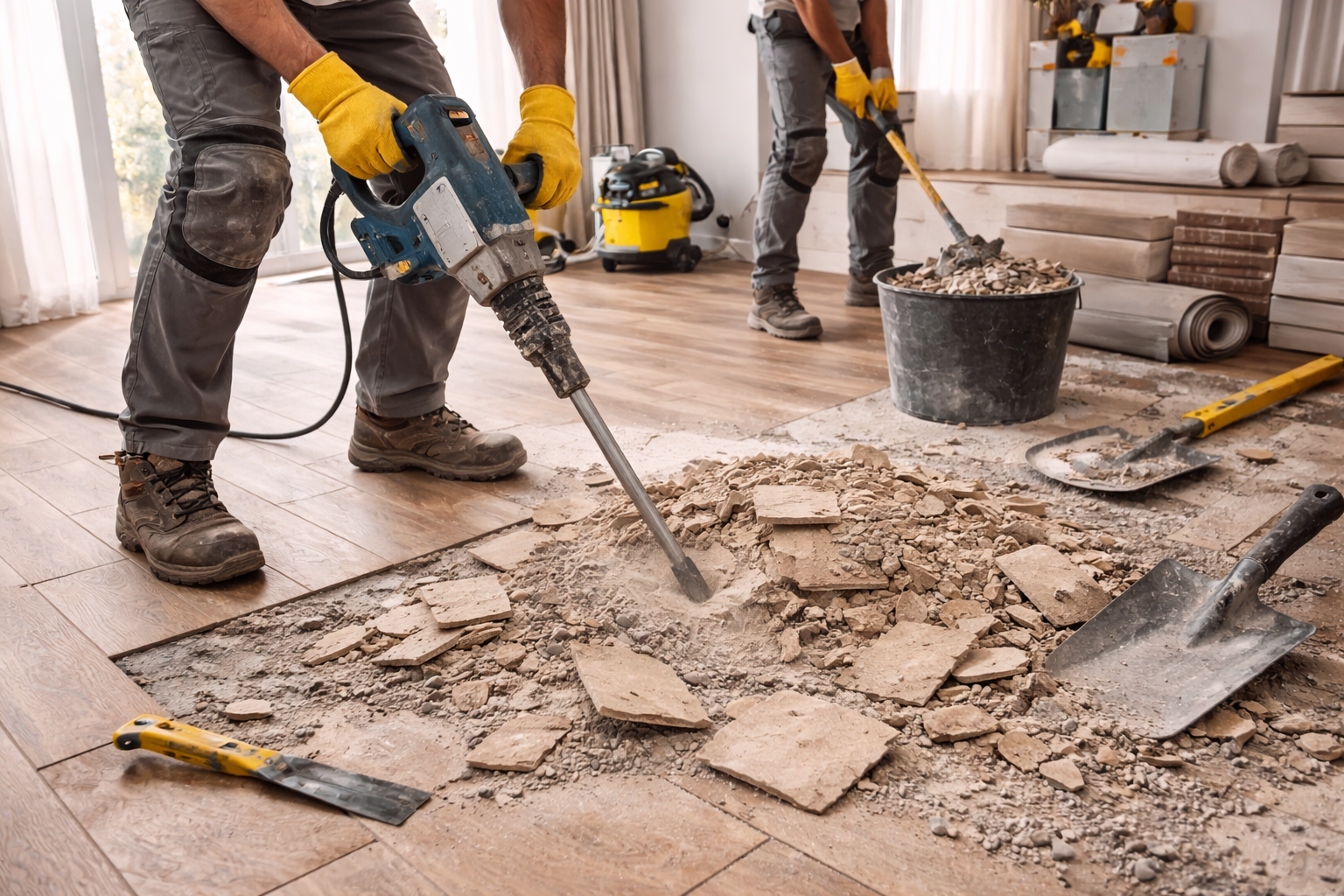 service-1 Profissional removendo piso antigo para preparação e instalação de piso vinílico em ambiente residencial